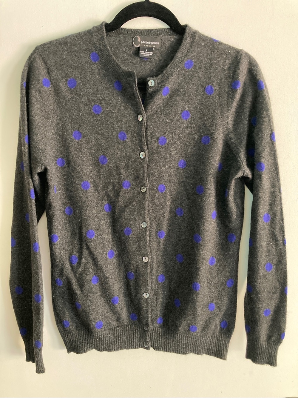 Bloomingdale's Gray Blue Polka Dot 100% Cashmere Fitted Cardigan Sweater Large